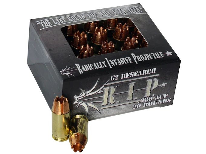 G2-Research-R.I.P.-Ammunition-380-ACP-62-Grain-Radically-Invasive-Projectile-Fragmenting-Solid-Copper-Lead-Free-Box-of-20-